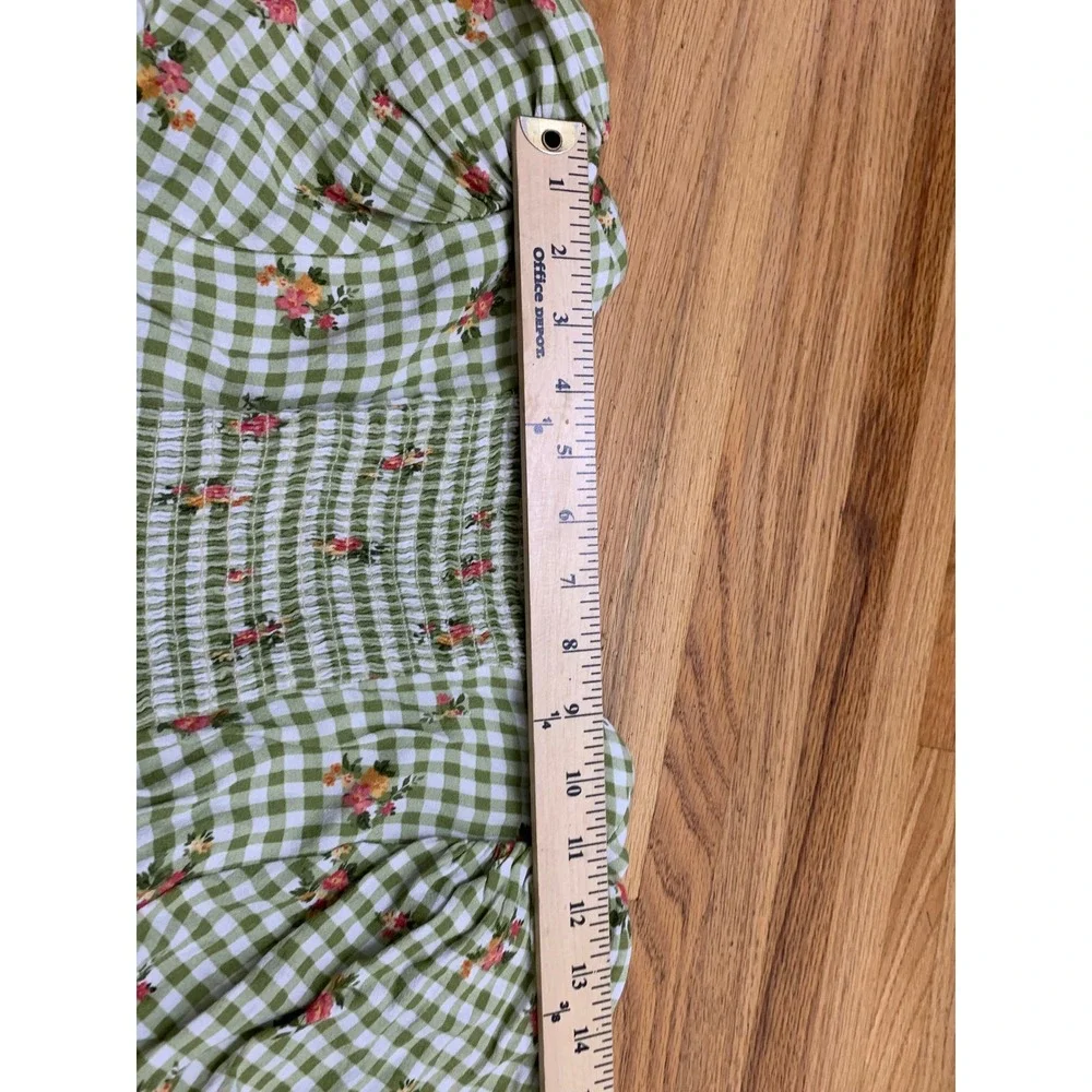 Reformation Green Gingham Floral Smocked Puff Sleeve Top Size 6 Sweetheart Neck